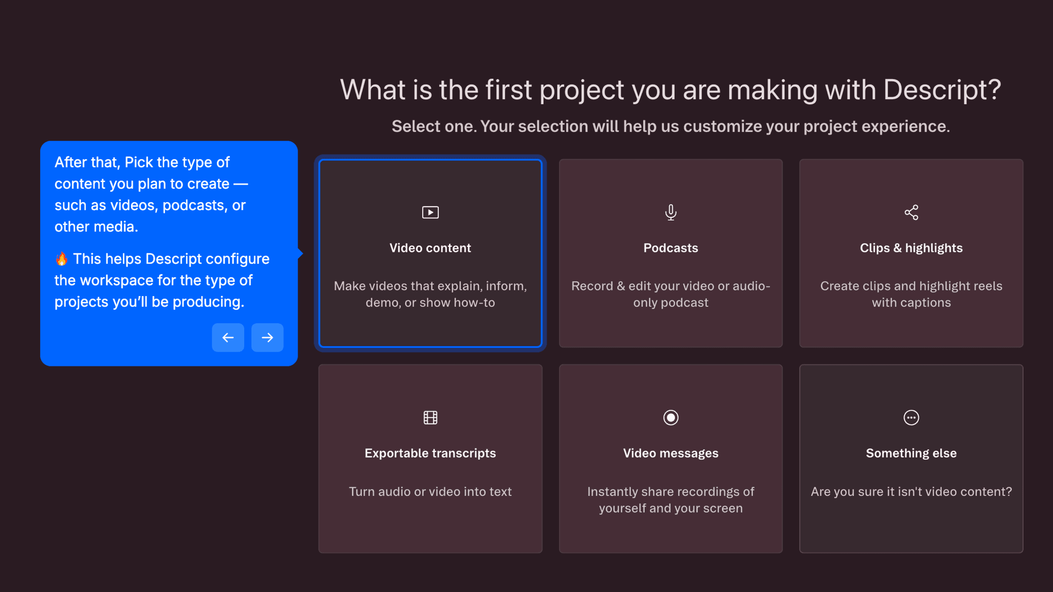 Three questions — role, use case, content type — show up before I reach the dashboard.