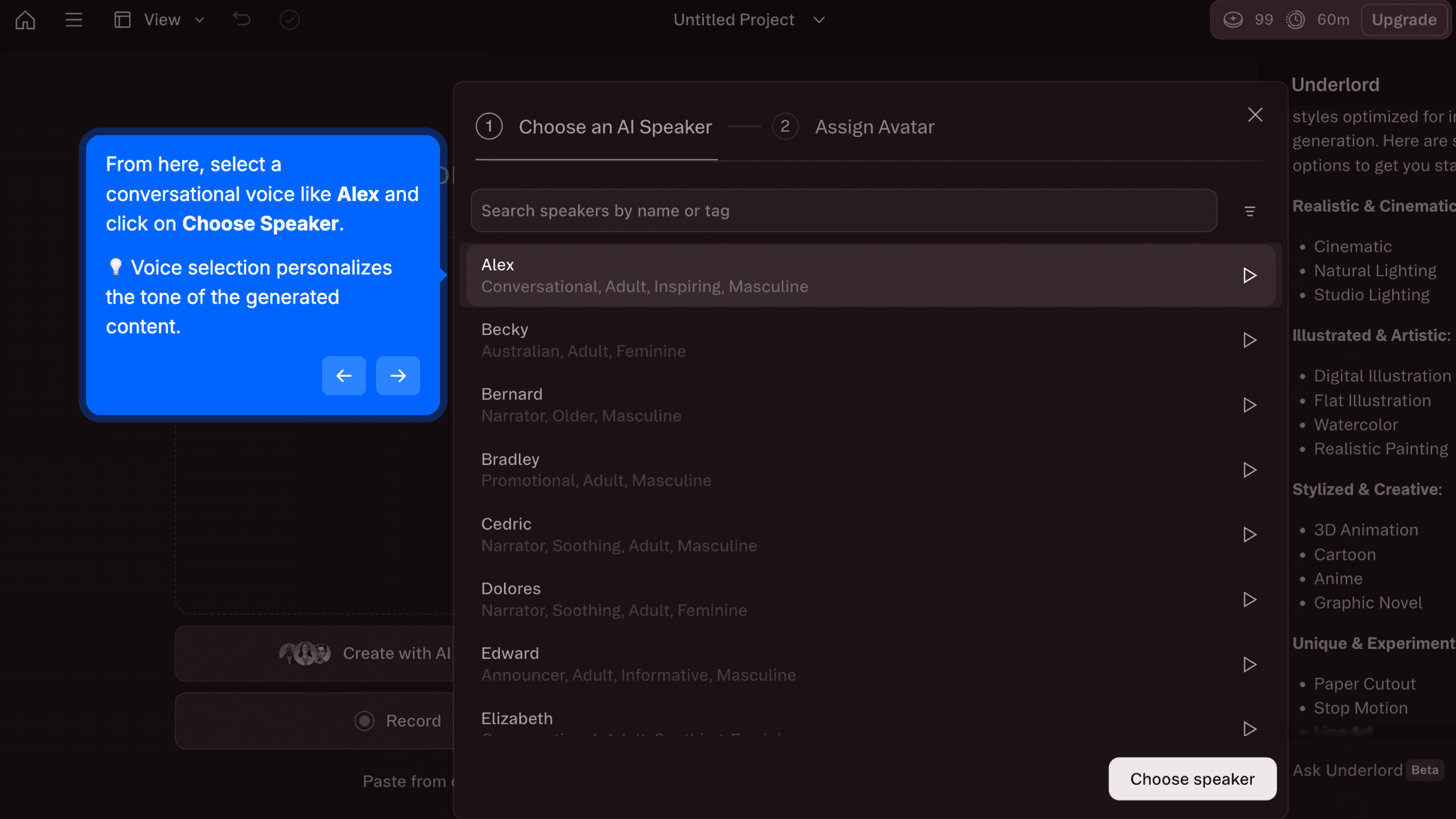 Voice and avatar selection happen during video creation, not before it.