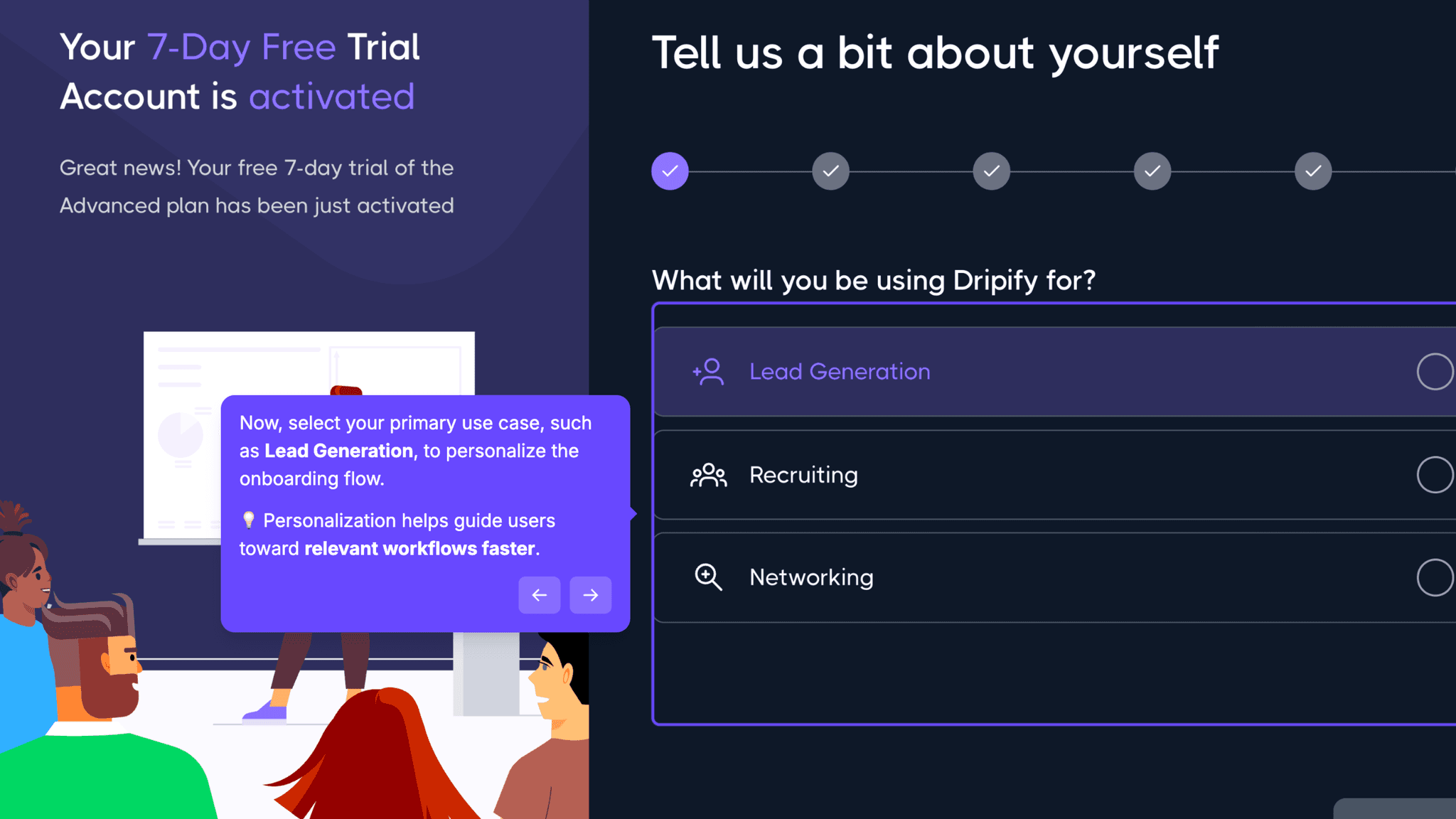 The interactive walkthrough shows a step counter alongside a 'Skip tour' option at every point.