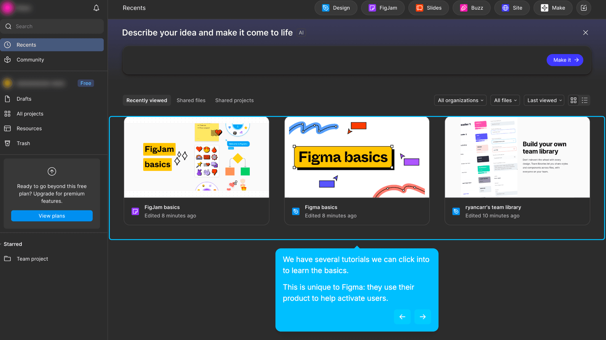 Pre-loading "Figma Basics" and "FigJam Basics" directly into the workspace is the right call for a professional-grade tool.