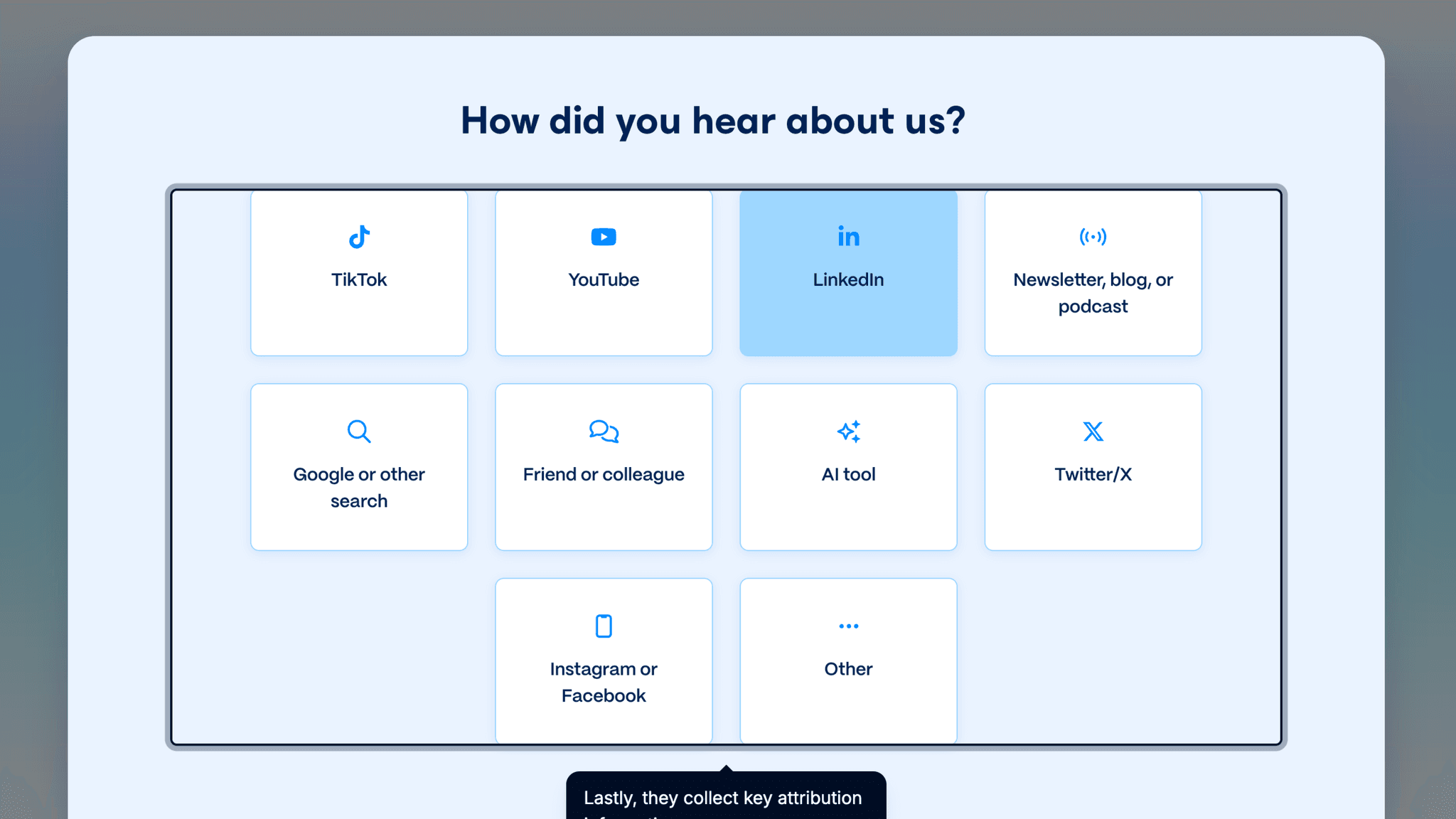 The four-question signup flow collects use case, role, org size, and attribution without feeling heavy.