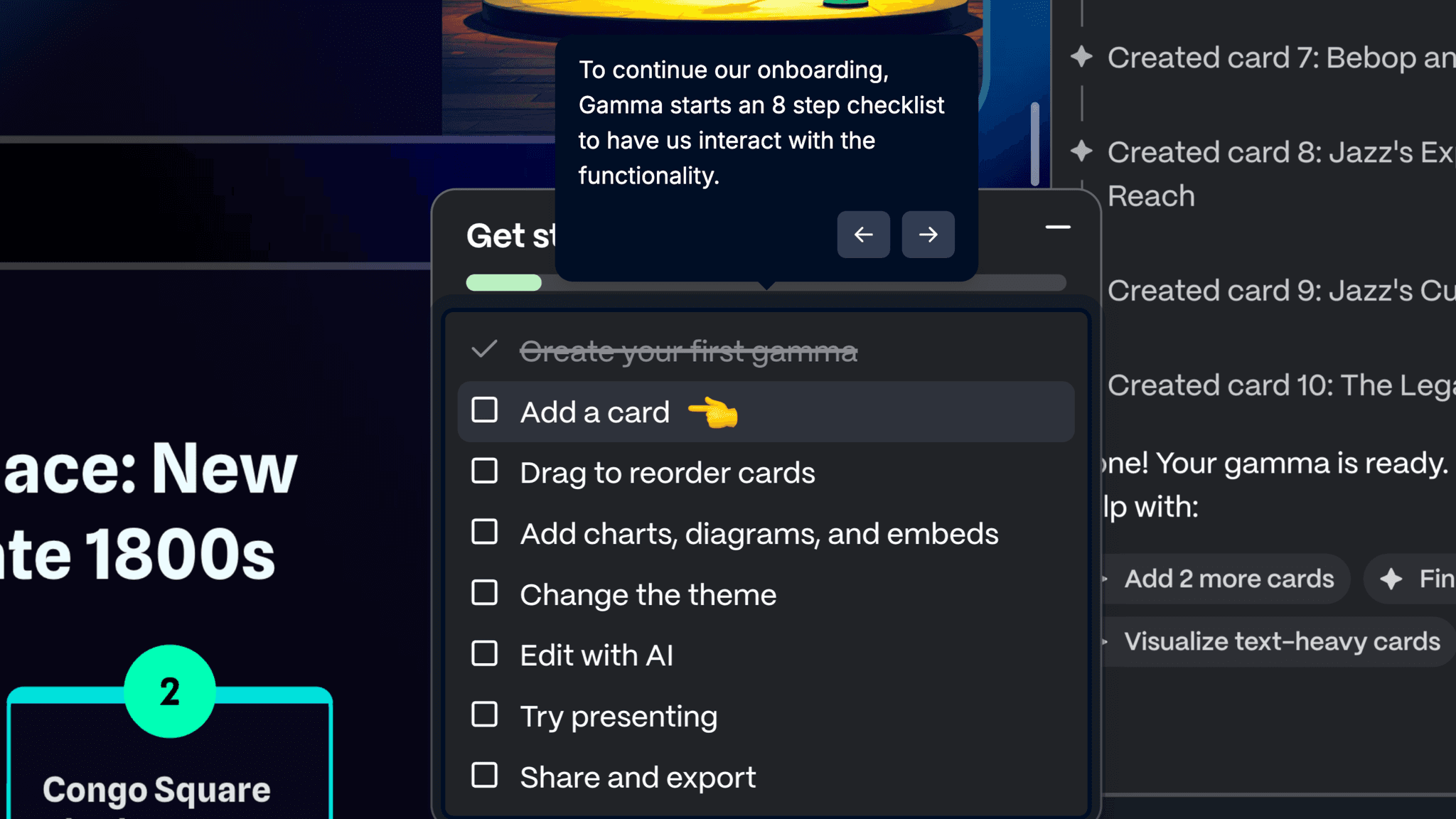 The eight-step getting-started checklist extends onboarding into the product after the first presentation appears.