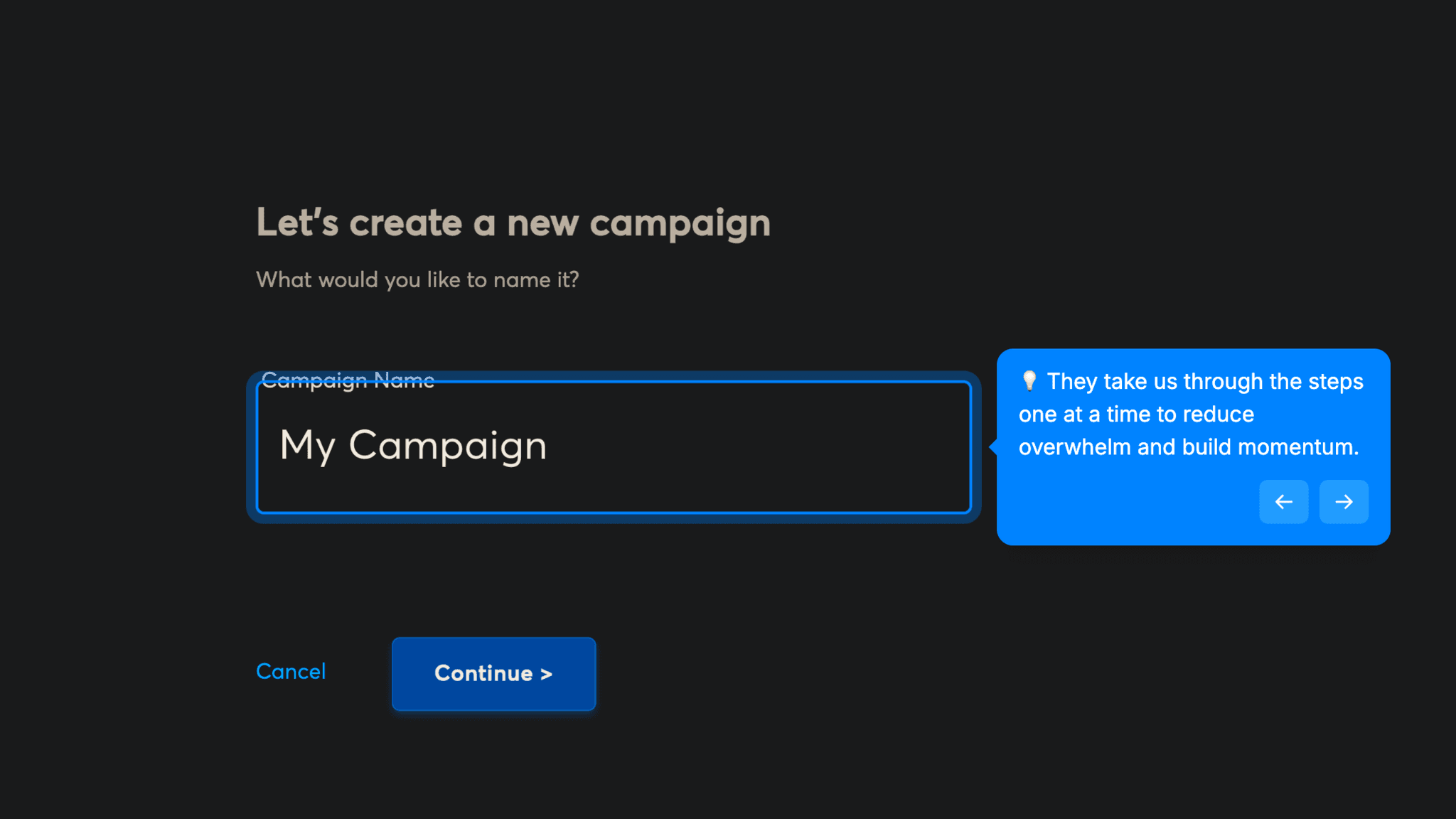 The post-purchase campaign setup flow guides each next step with a clear prompt.
