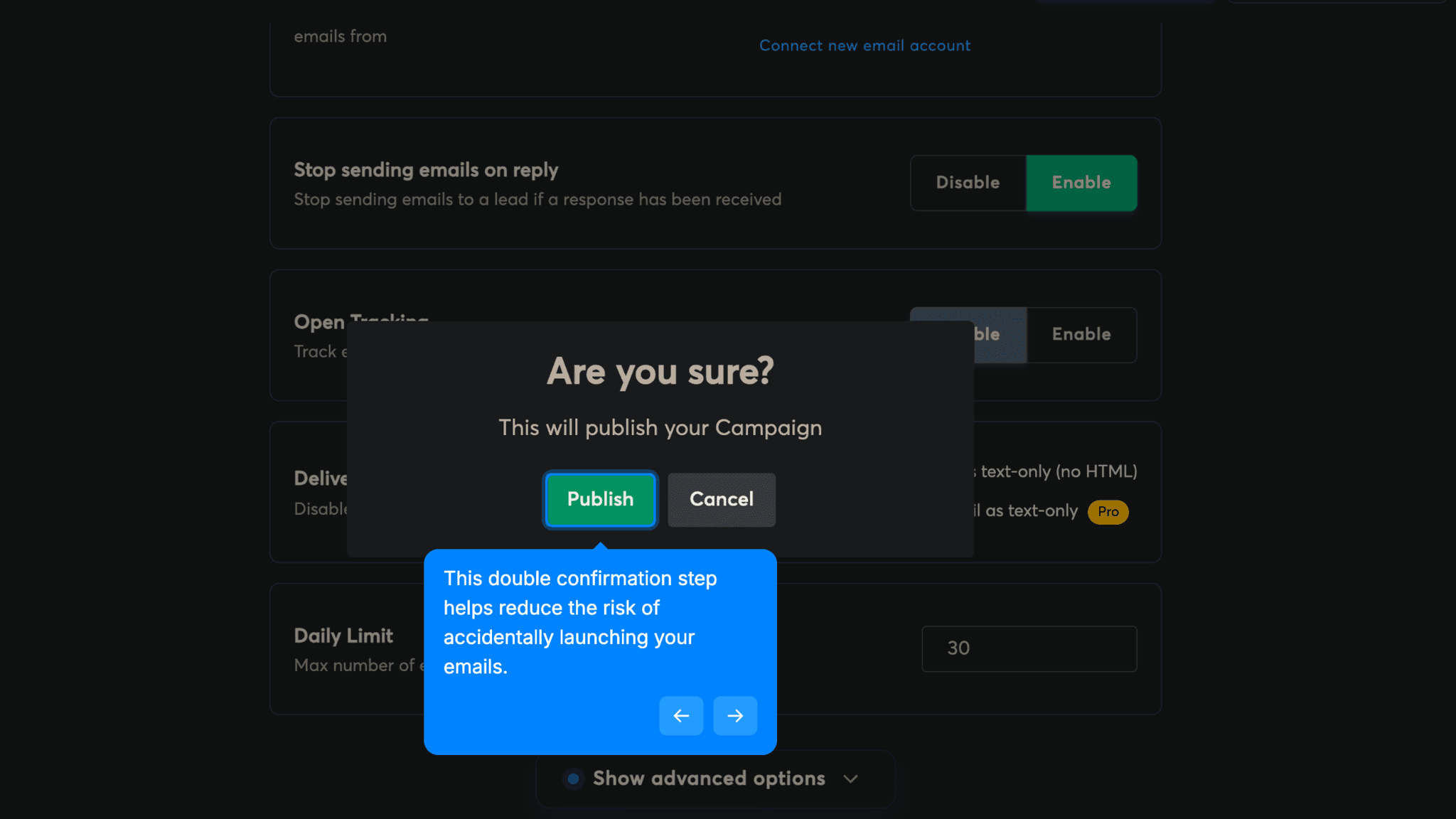 Before the campaign goes live, Instantly asks: