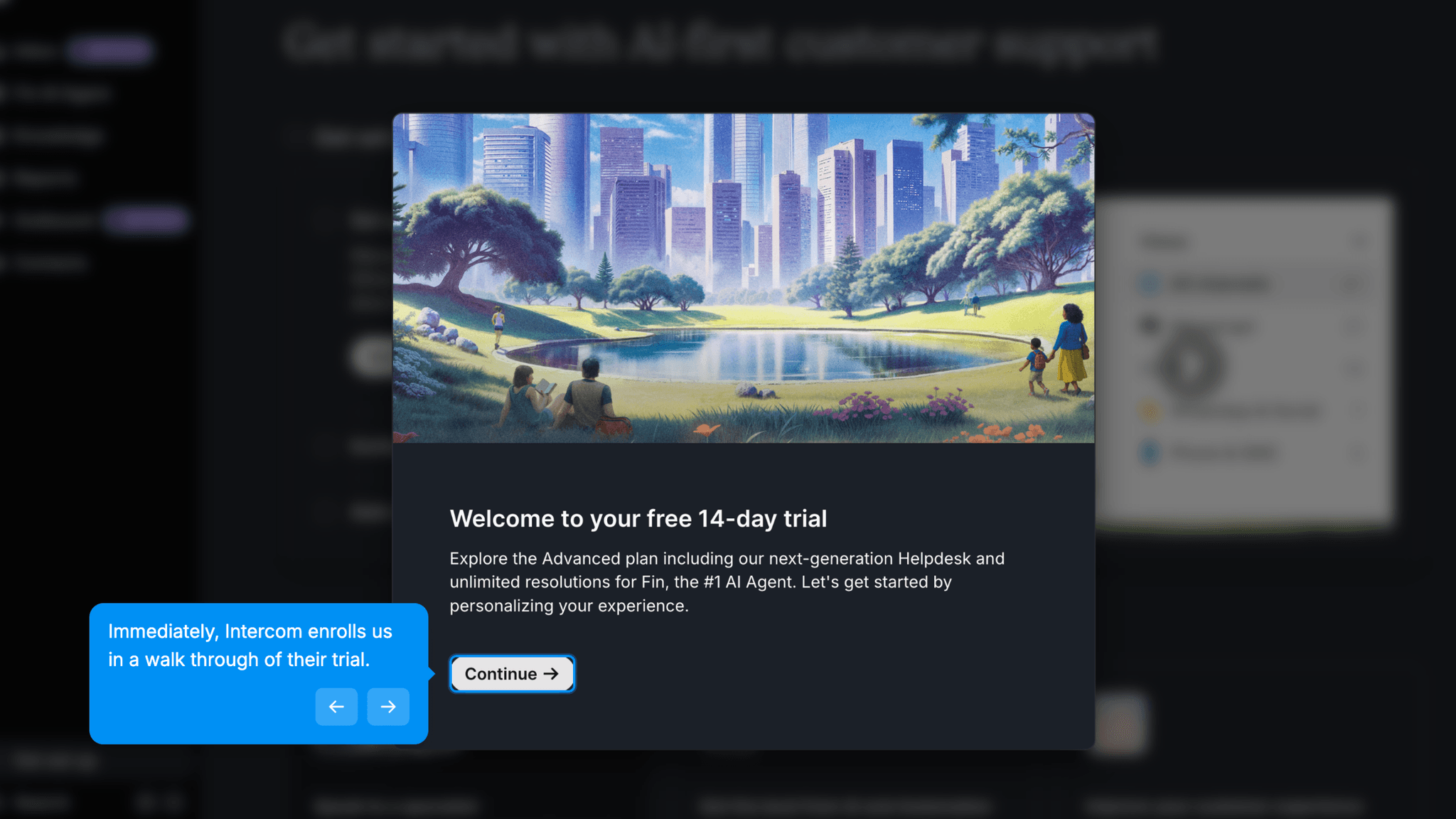 The blurred dashboard backdrop frames setup as an unlock rather than a gate.