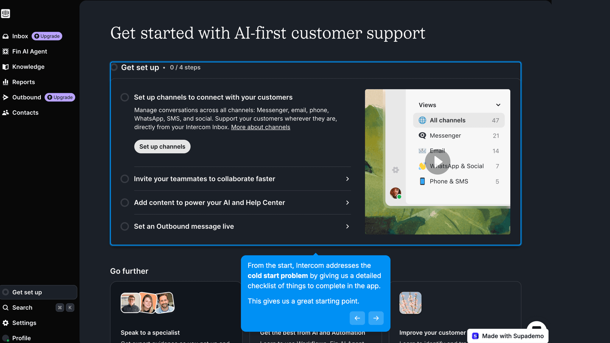 The post-launch four-step setup checklist takes over once the workspace appears.