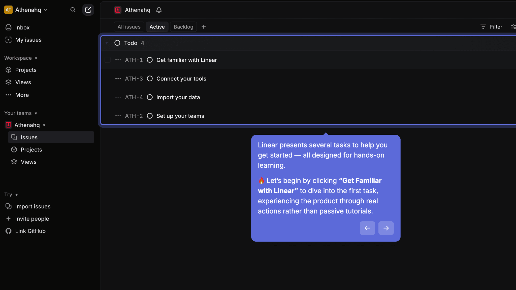 The "get familiar with Linear" checklist teaches through action rather than explanation.
