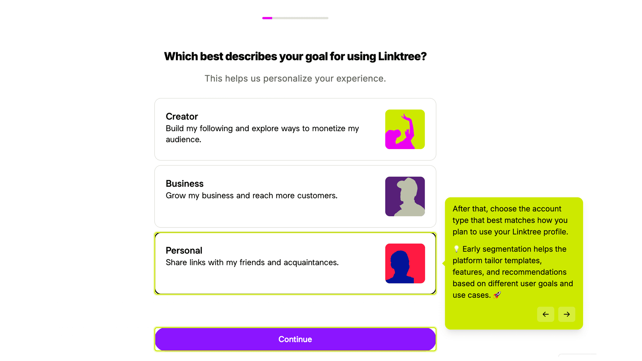 Early in signup, Linktree asks what kind of account I'm creating.