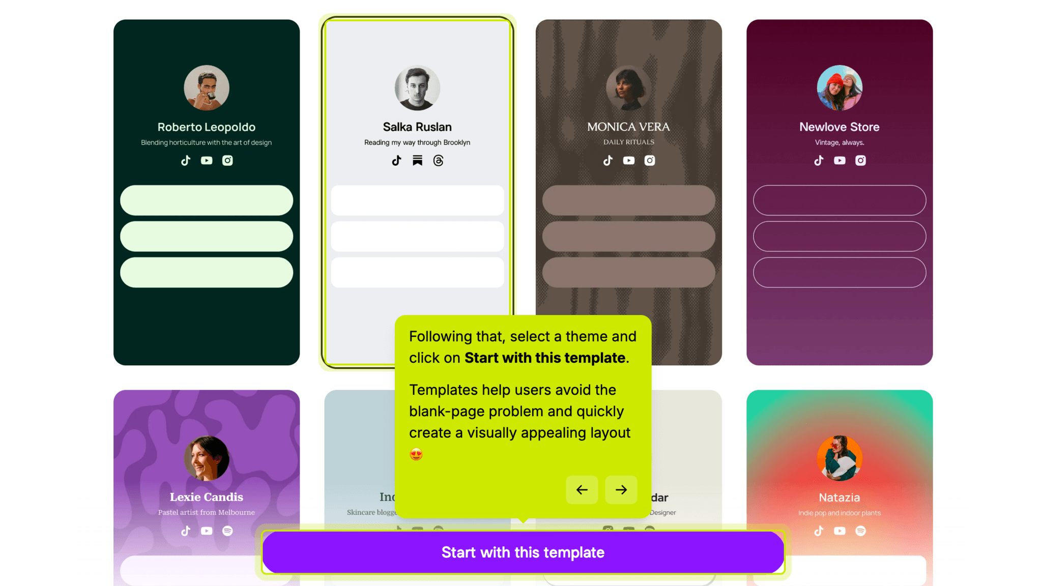 Rather than asking me to imagine what my profile could look like, Linktree drops me directly into a template selection screen.