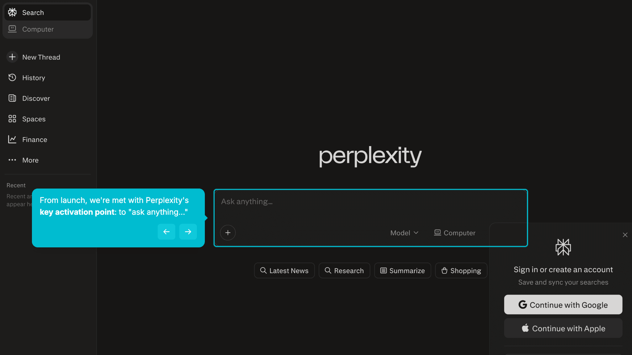 Perplexity onboarding screenshot