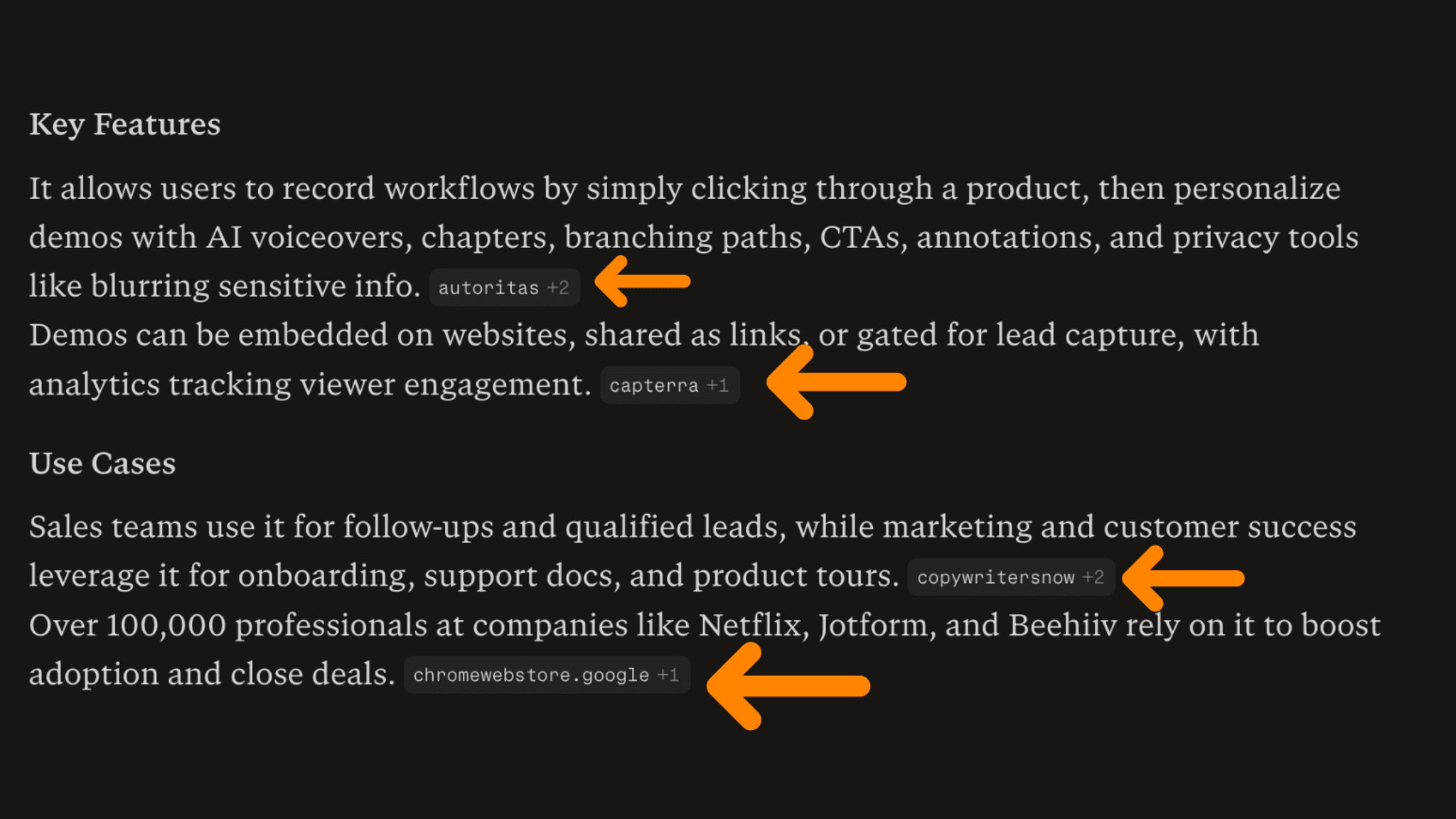 Cited sources in every answer do meaningful trust work.