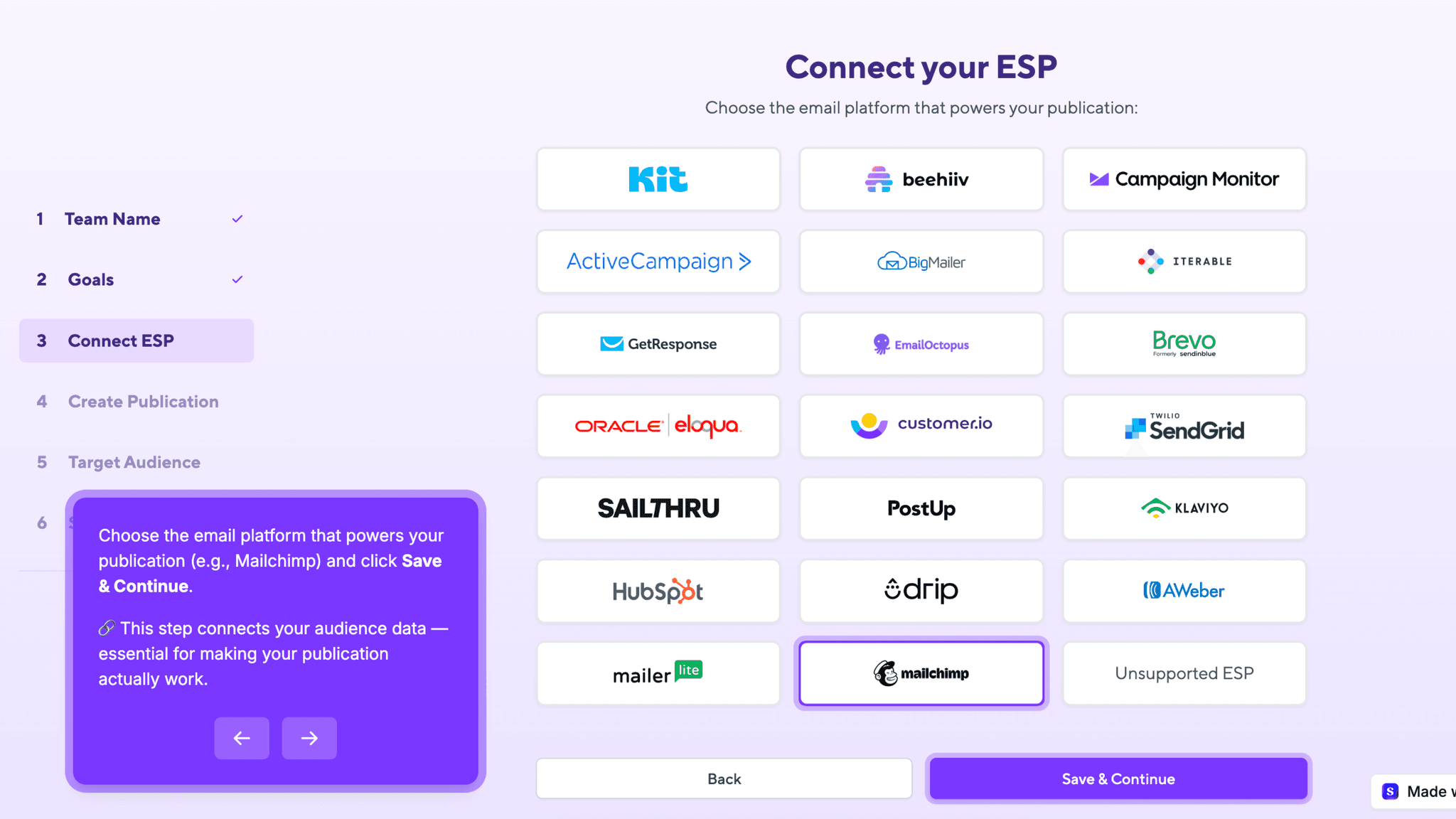 SparkLoop asks me to connect my email platform within the first few steps.