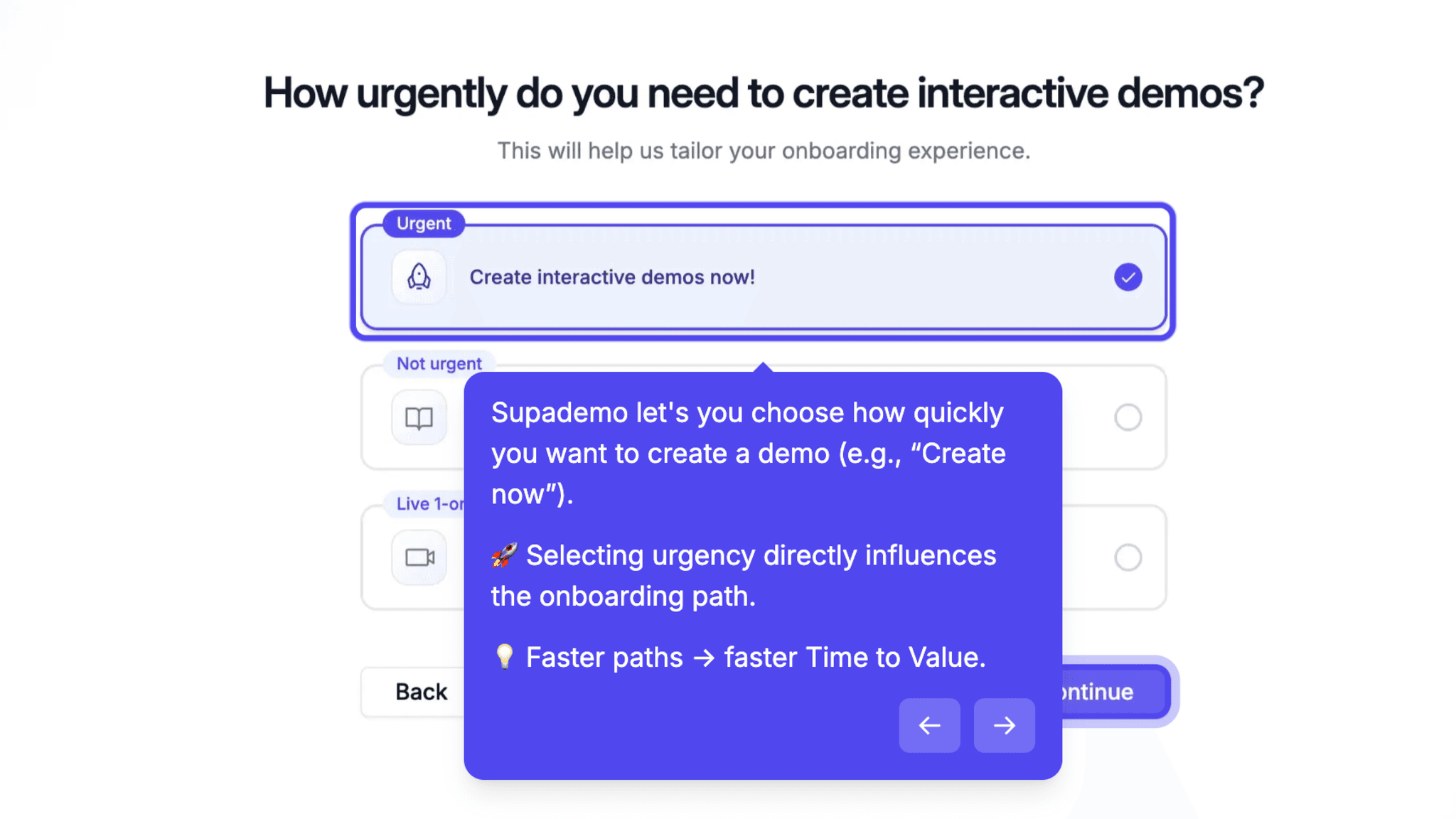 Early in the flow, Supademo asks how quickly I want to create a demo.