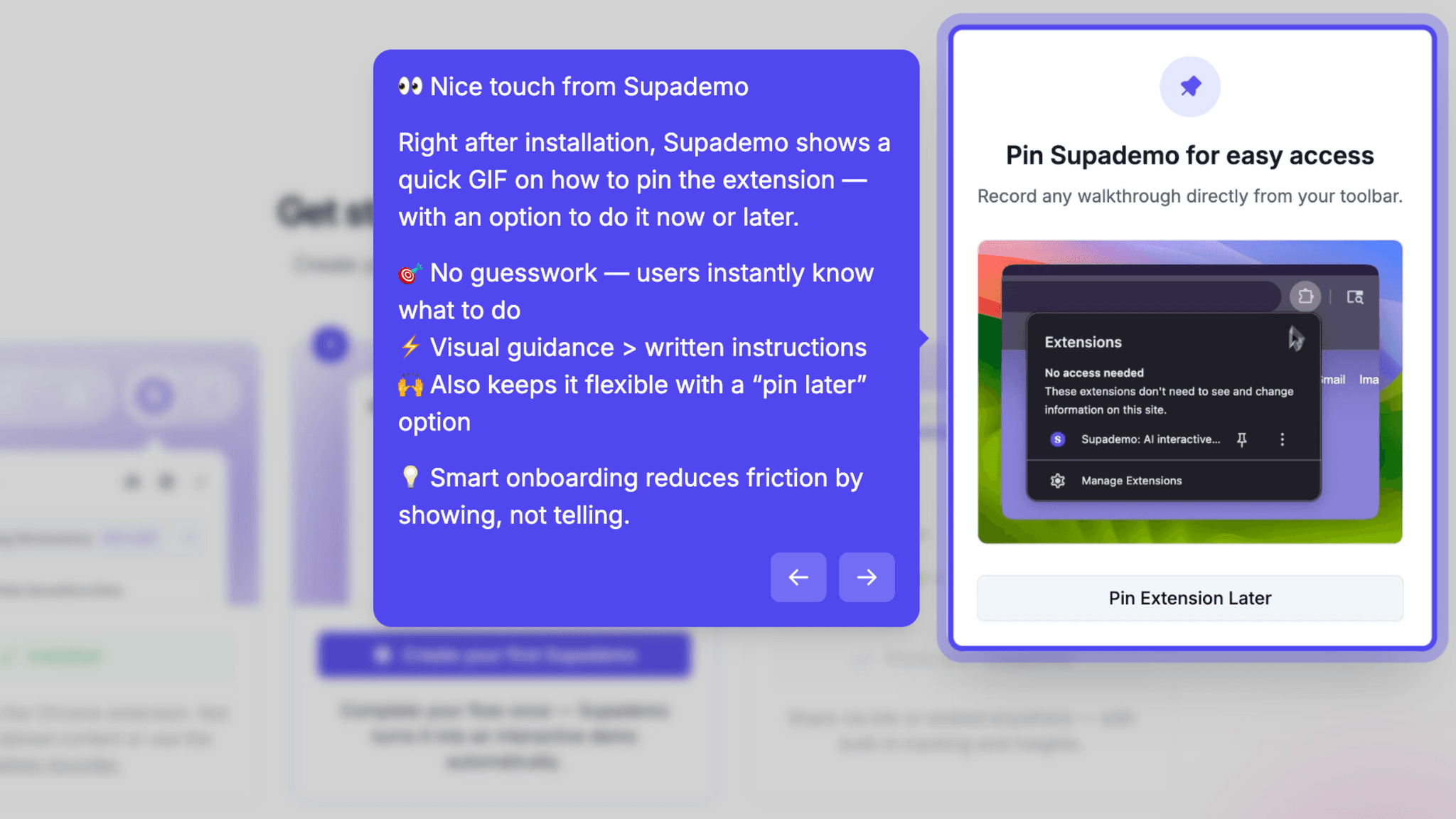 When Supademo needs to explain how to pin the Chrome extension, it shows a GIF instead of a numbered list.