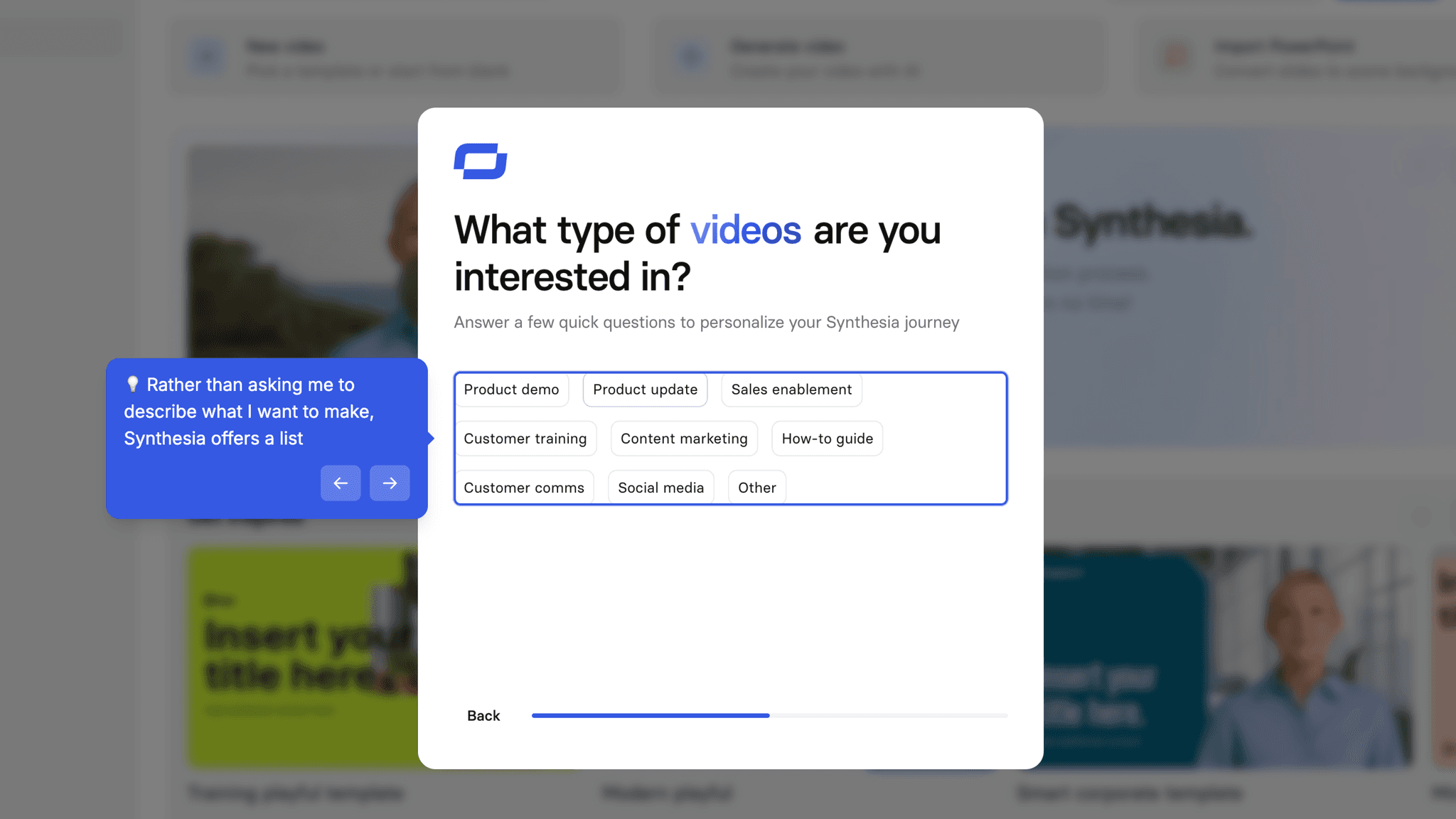 Video type selection drives AI prompt generation, removing cold-start friction.