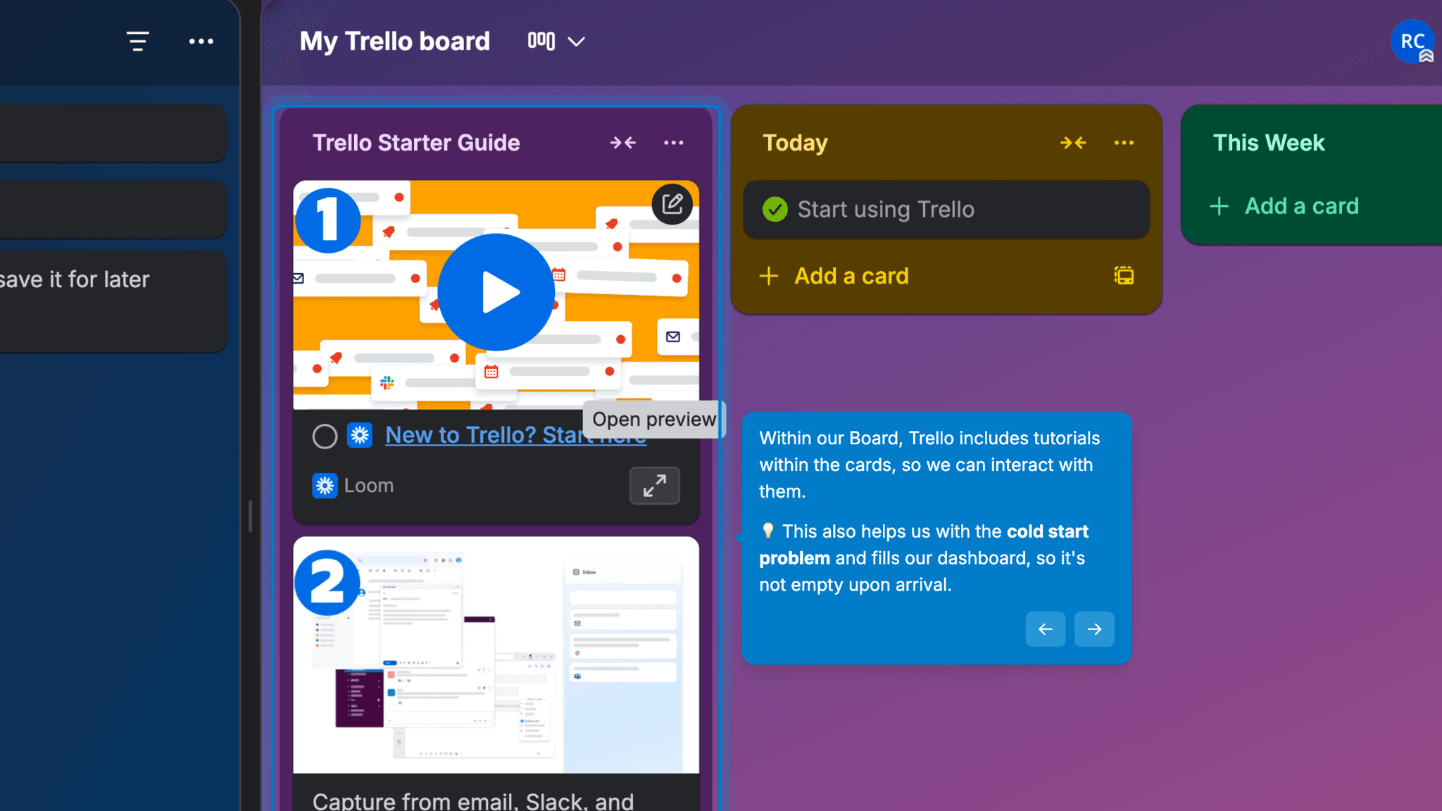 The first board ships with pre-populated sample cards rather than an empty column.