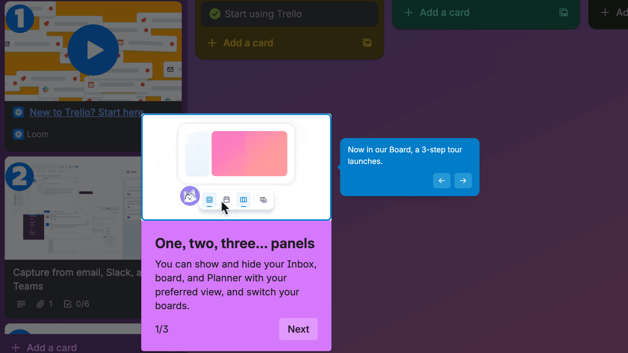 The three-step board tour uses animated GIFs rather than static screenshots.