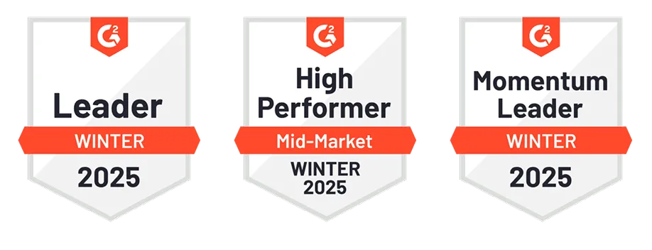 Awards and trust badges from G2 and Google highlighting top rankings, user ratings, and recognition for product setup, leadership, and high performance.