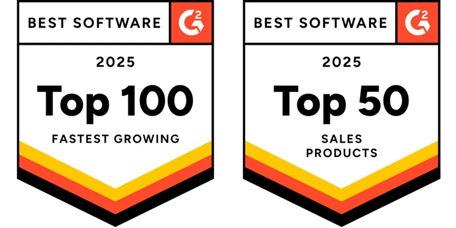 Awards and trust badges from G2 and Google highlighting top rankings, user ratings, and recognition for product setup, leadership, and high performance.