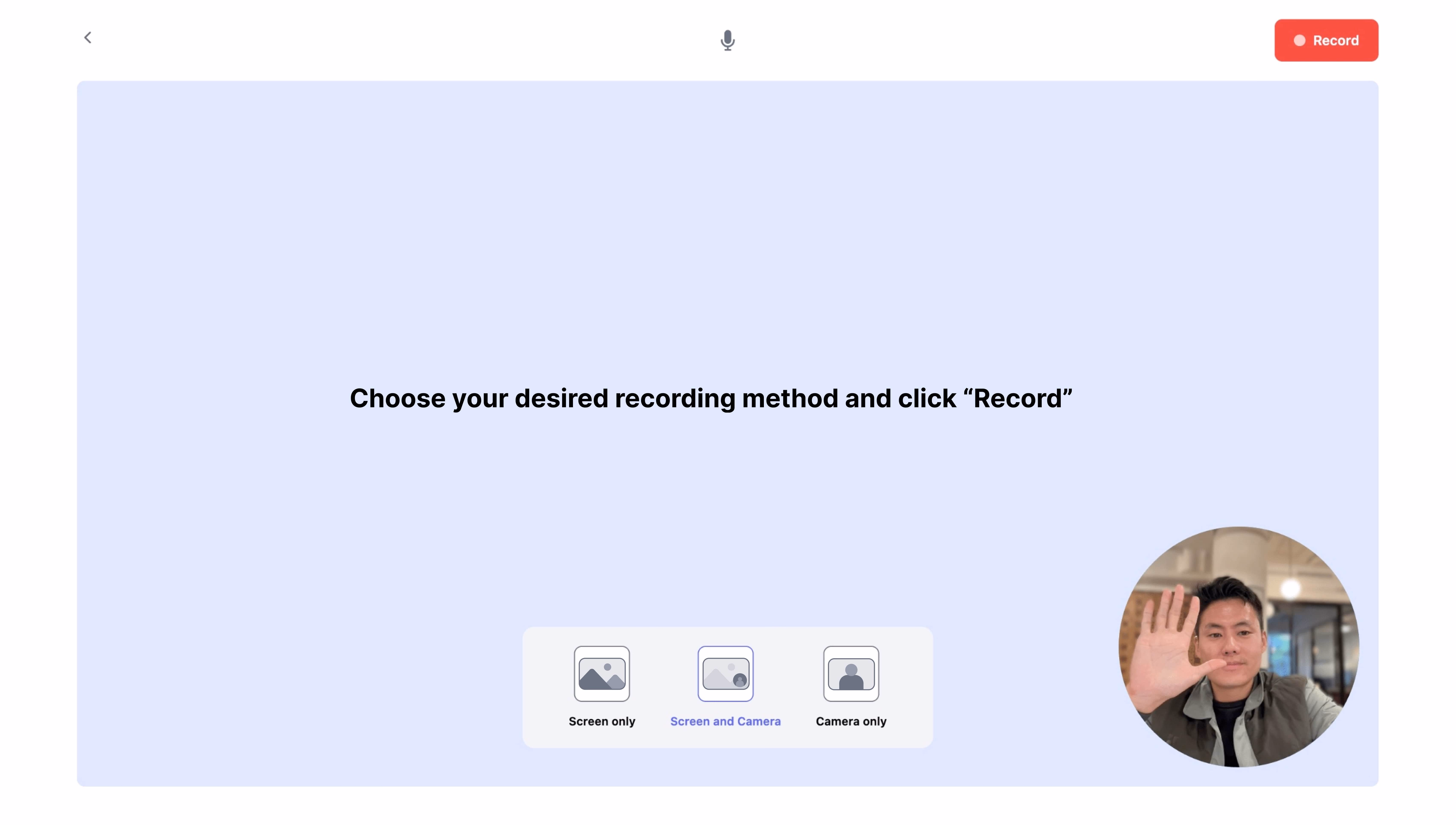 Supademo webcam recorder showing a browser-based recording interface with screen and webcam options