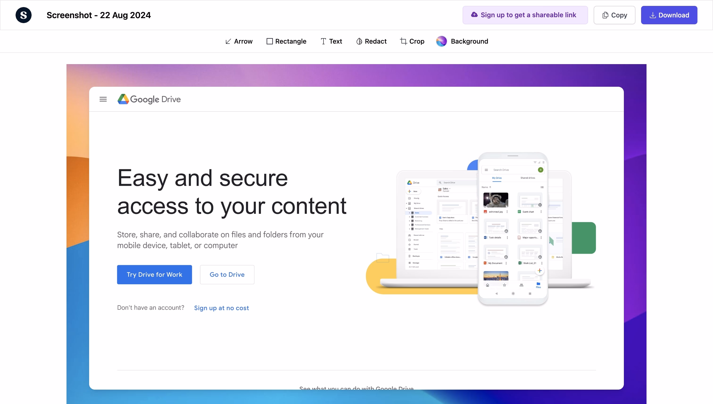 Supademo screenshot background tool showing gradient and color options applied to a product screenshot