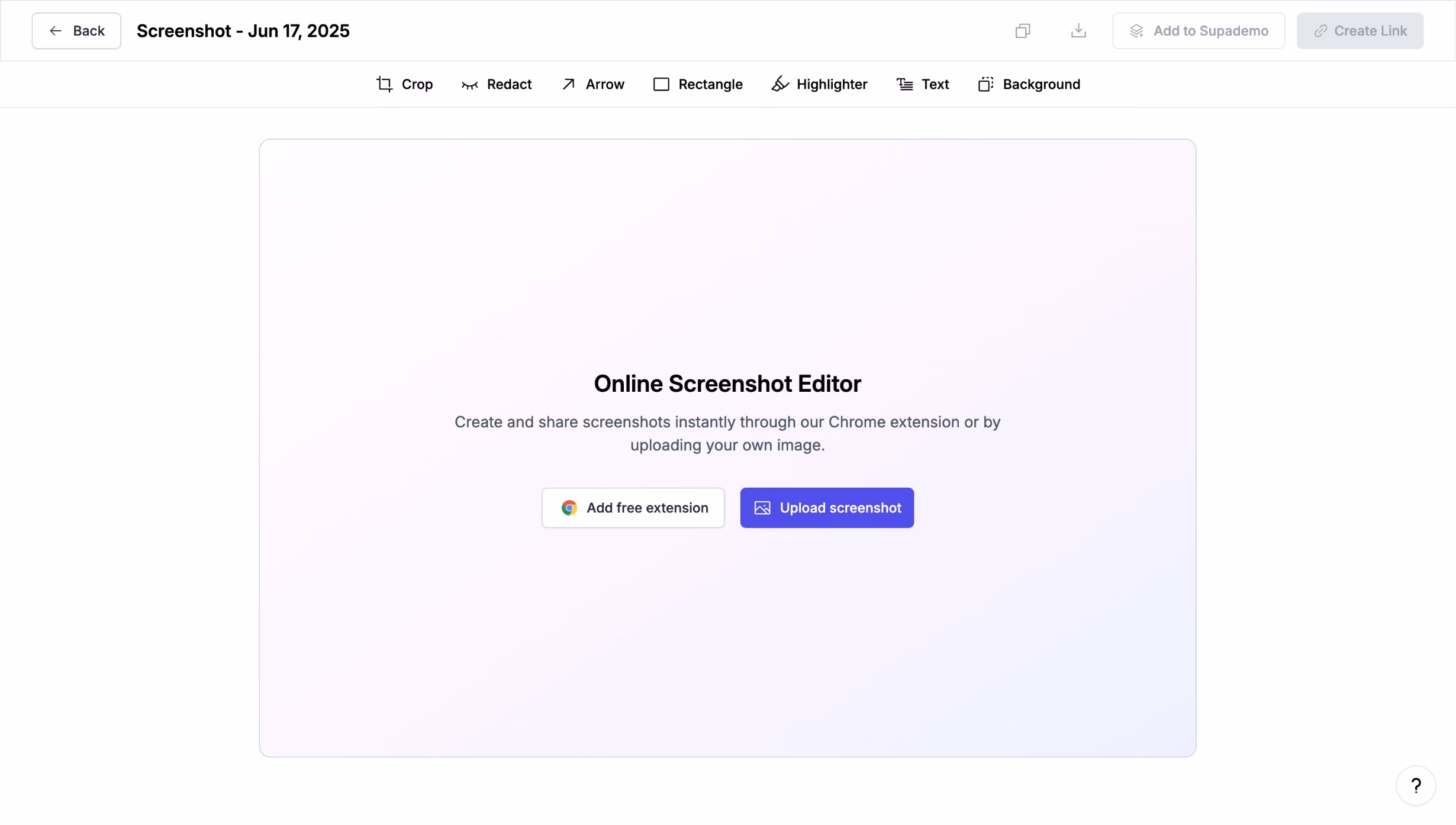 Supademo screenshot link generator showing an annotated screenshot with a shareable URL and tracking options