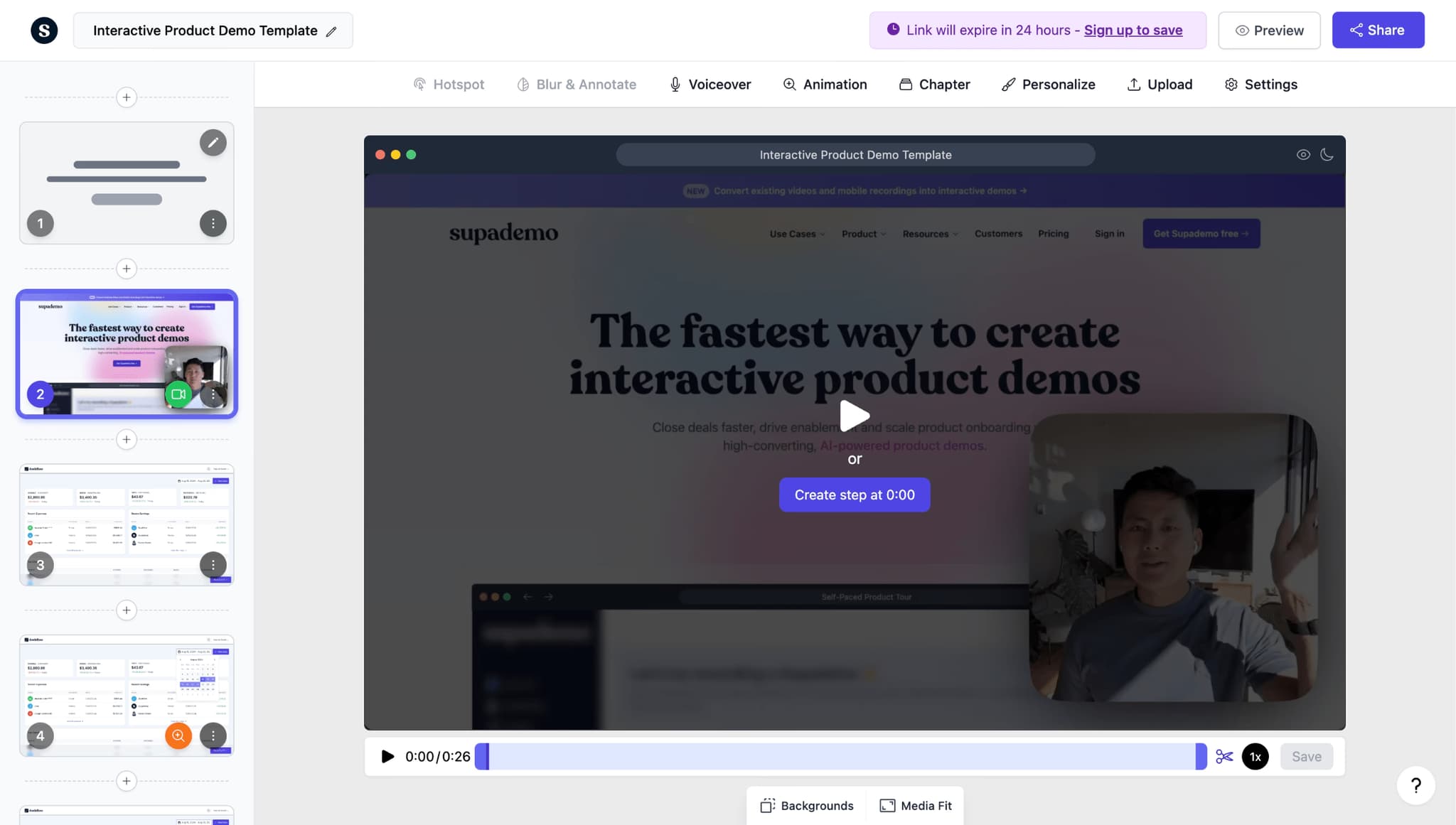 Supademo video cropping tool showing trim and resize controls on a product demo video