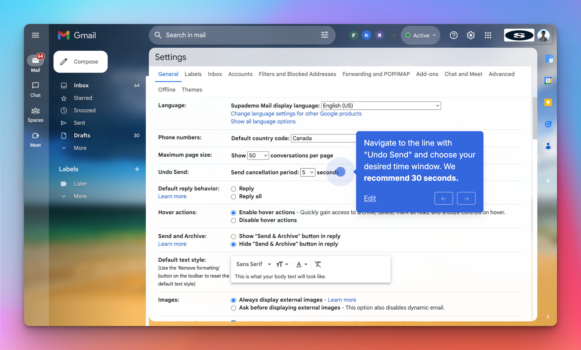 How to extend Gmail undo send window