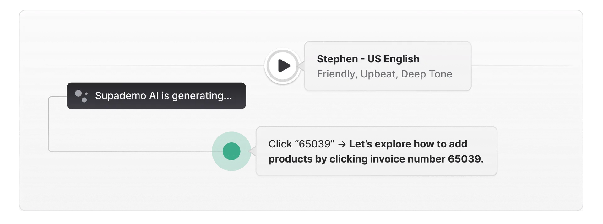 With Supademo’s Synthetic AI voiceover, you can overlay captivating voiceovers with custom accents, tone, and voice type onto your demo in just a few seconds