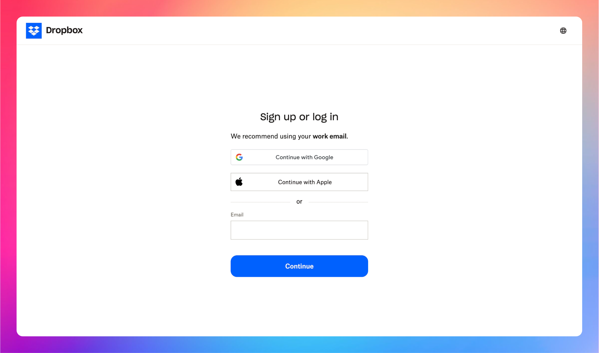 Dropbox signup page screenshot