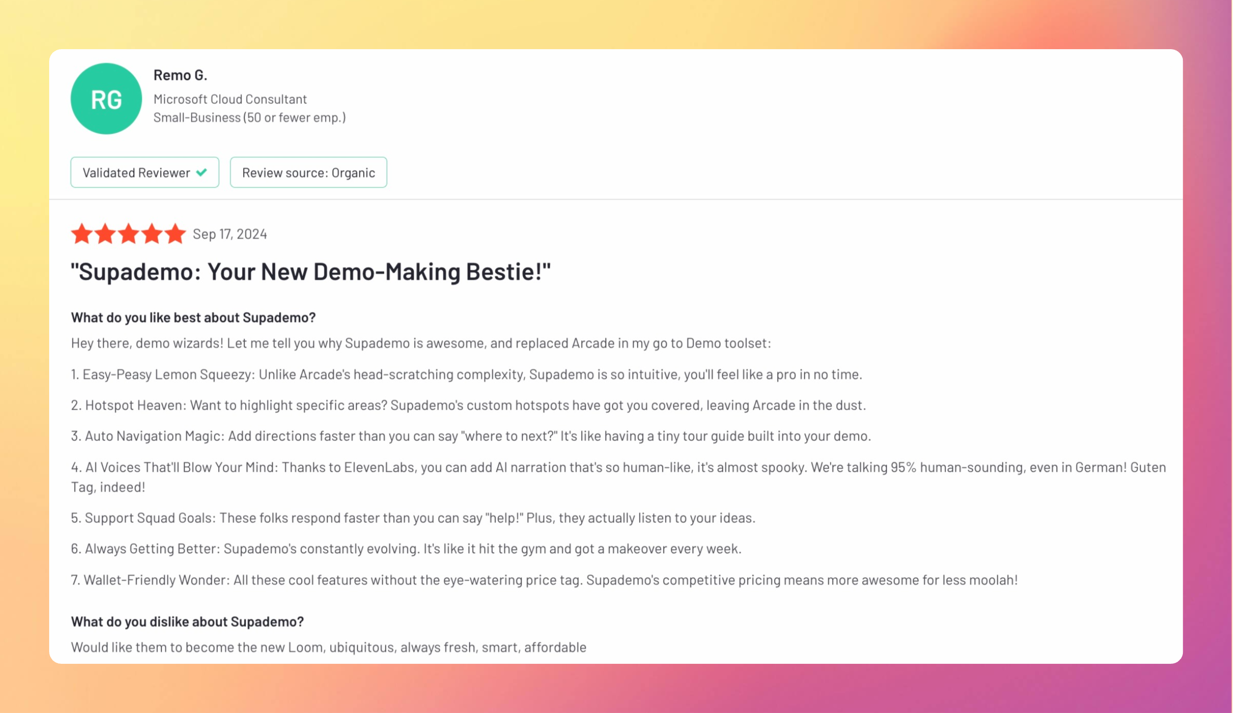 A G2 review left by a Supademo user