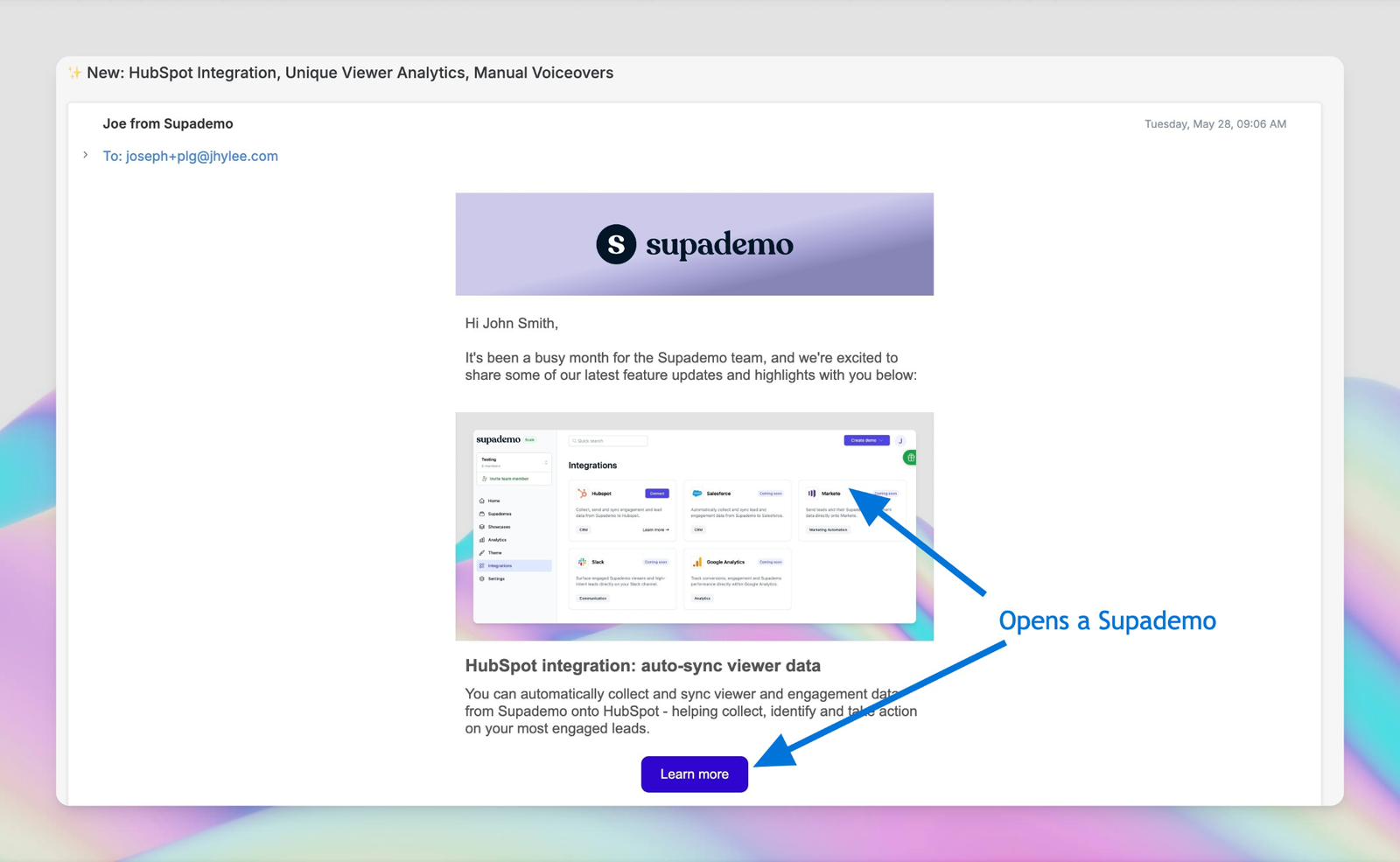 An example of product update email that uses interactive demos