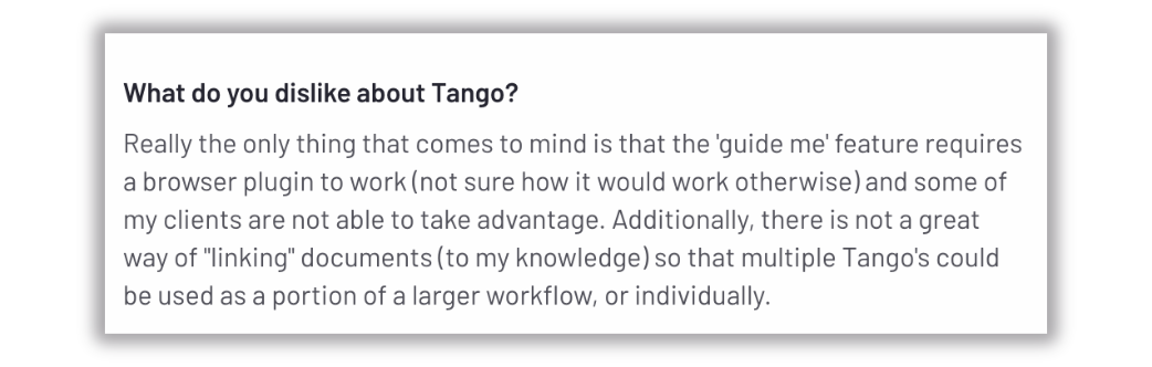 Tango user on G2 sharing his opinion about lack of option to link multiple guides in one URL