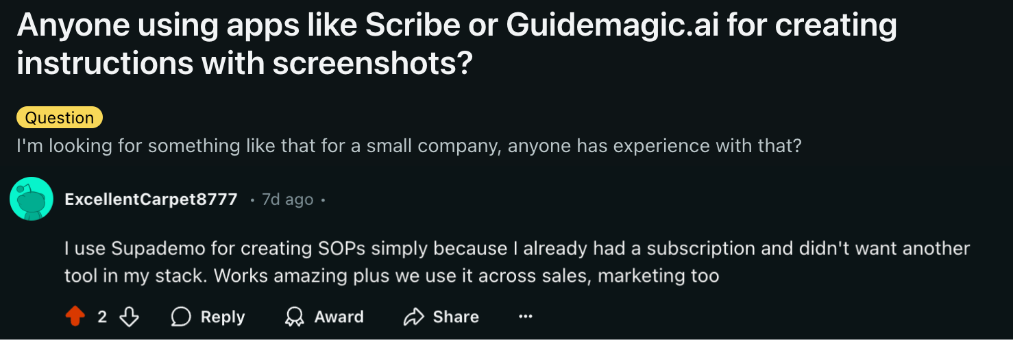 Reddit user uses Supademo as a ScribeHow alternative