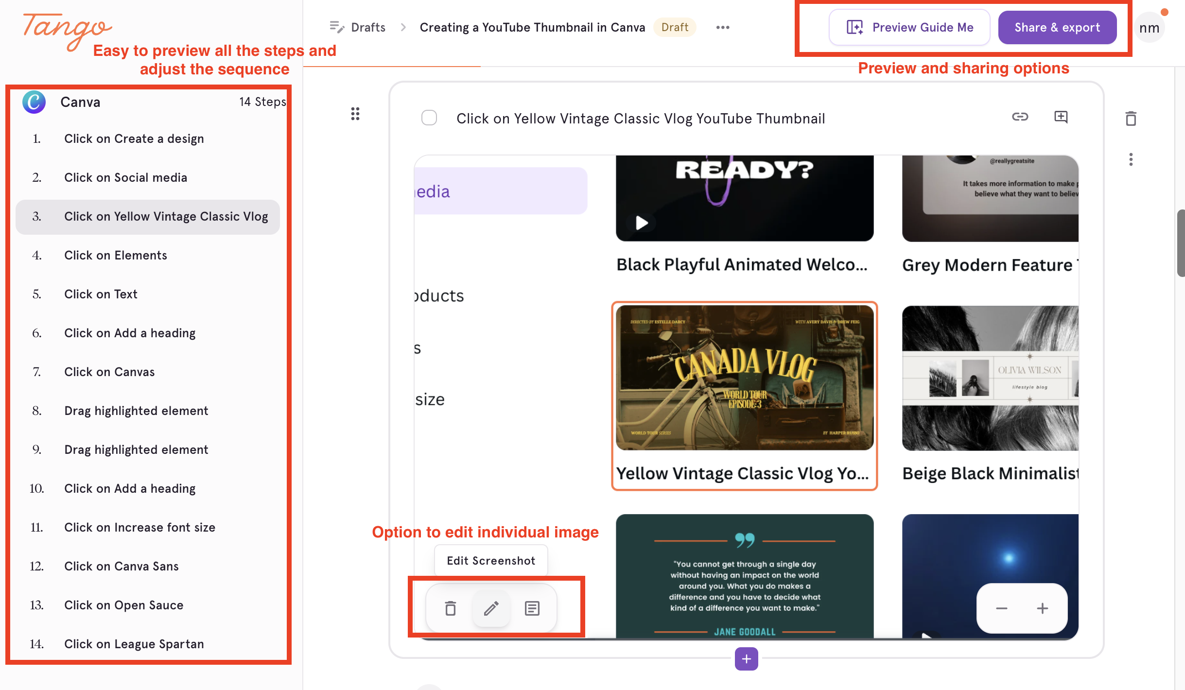 Snapshot showing detailed overview of Tango's tutorial editing features