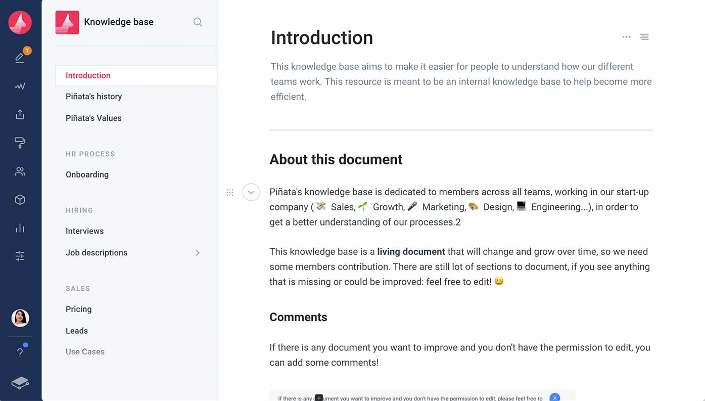 Screenshot of a knowledge base platform showing the introduction section with navigation options for HR processes, hiring, and sales. The content highlights Piñata’s knowledge base as a living document aimed at improving team collaboration across departments like sales, marketing, and engineering in a startup environment.