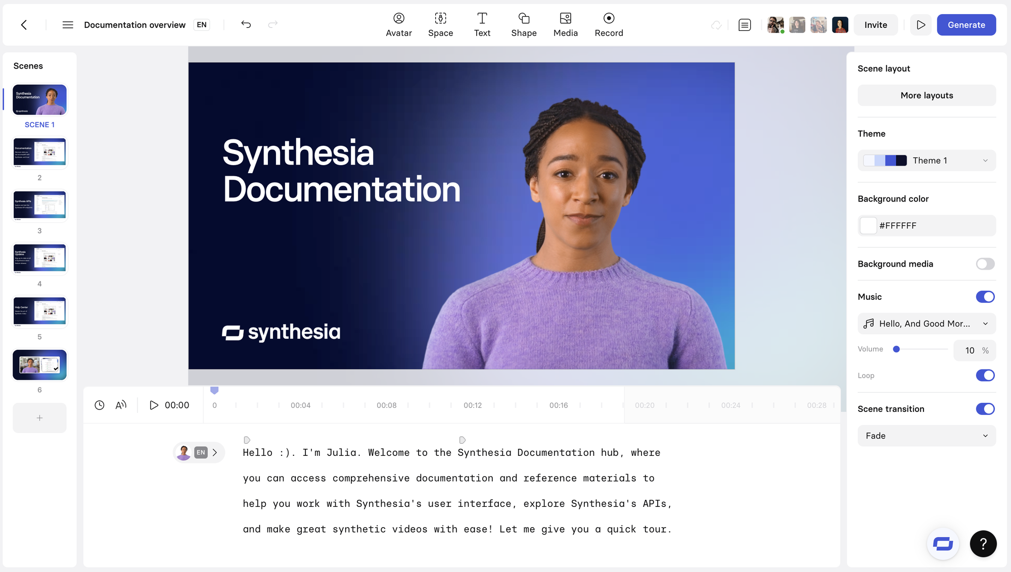 Screenshot of Synthesia’s video creation interface showcasing an AI avatar presenting ‘Synthesia Documentation’ with a user-friendly timeline and customization options on the side.