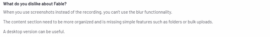 Screenshot of a G2 review about Fable, mentioning the lack of blur functionality for screenshots, missing folders, bulk uploads, and the need for a desktop version.