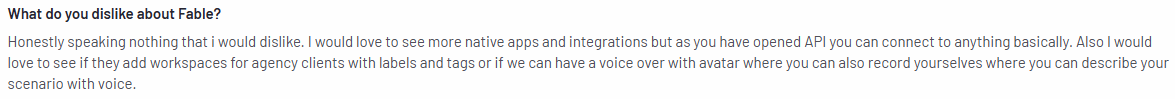 Screenshot of a G2 review about Fable, mentioning no major dislikes but suggesting more native apps, workspaces for agencies, and voice-over avatar features.