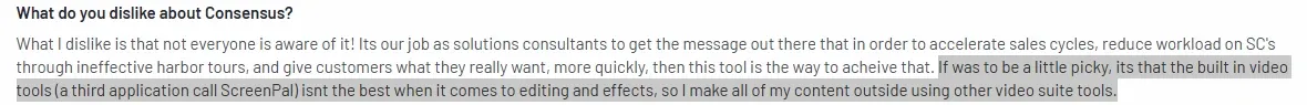 A user highlights dissatisfaction with Consensus's built-in video editing tool, ScreenPal, stating it lacks advanced effects.