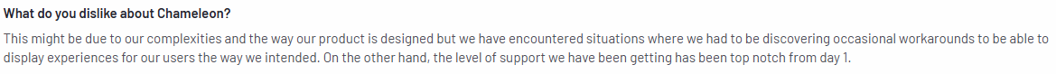 Screenshot of a G2 review mentioning Chameleon's complexity, requiring workarounds for proper user experience display.