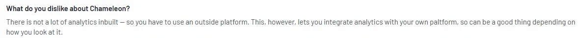  Screenshot of a G2 review highlighting Chameleon's lack of built-in analytics, requiring integration with external platforms.