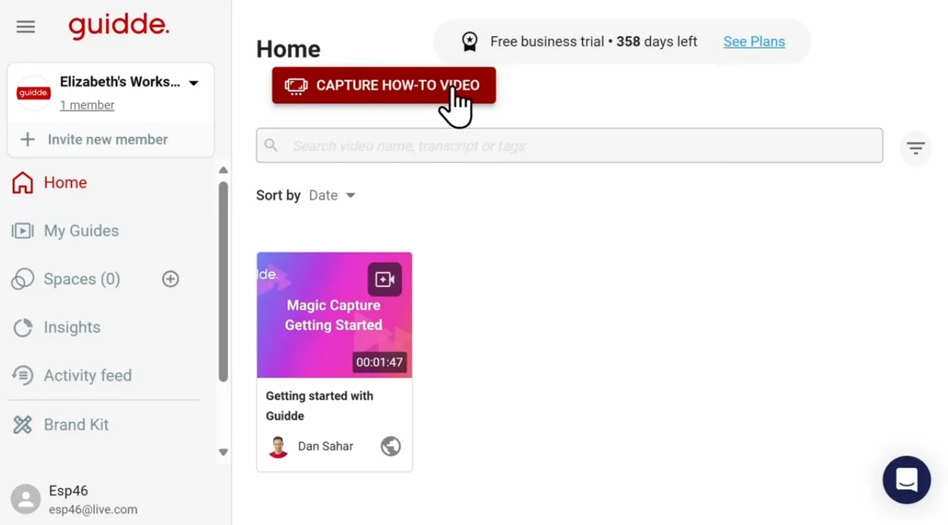 Guidde dashboard displaying a 'Capture How-To Video' button, a free trial banner, and a listed tutorial video.