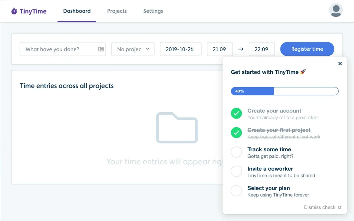 Userflow dashboard displaying a progress checklist for onboarding and time-tracking features.