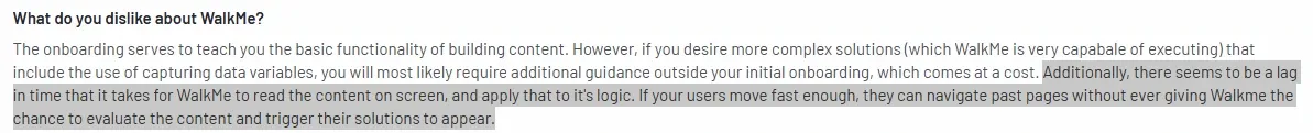 G2 review mentioning WalkMe's onboarding complexity, extra cost for advanced solutions, and lag issues affecting user navigation.