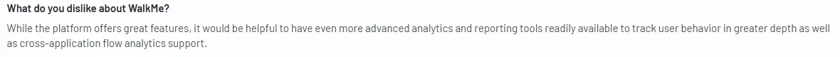 G2 review highlighting the need for more advanced analytics and cross-application flow tracking in WalkMe’s reporting tools.