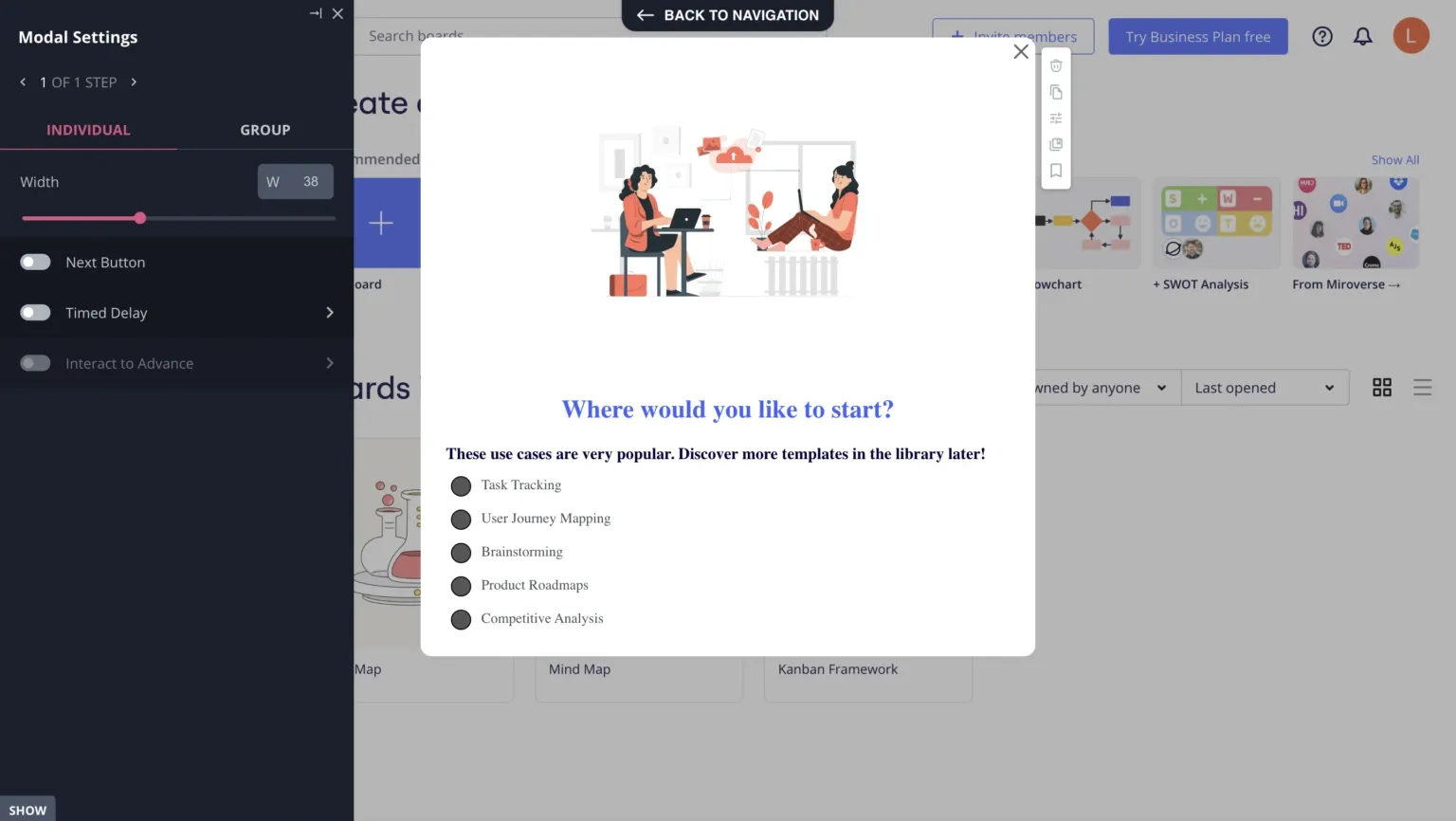 Userpilot onboarding screen prompting users to select a starting template for various use cases.