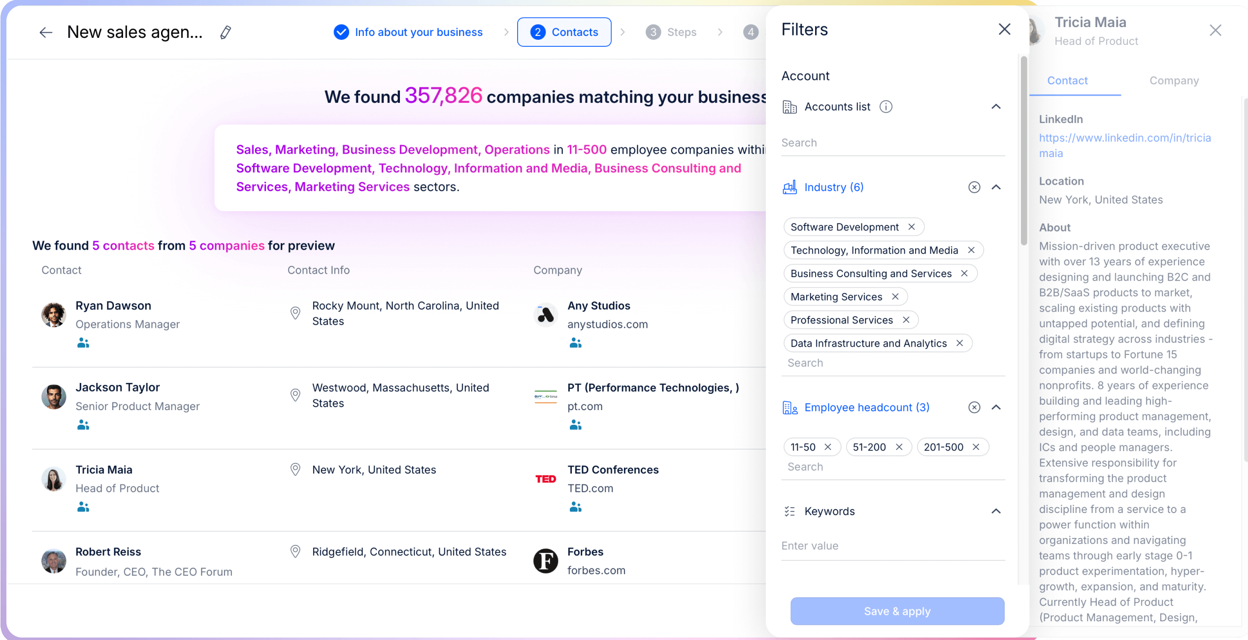 Jason AI by Reply its interface displaying filtered contacts and company details. The right panel shows industry and employee headcount filters, while the main section lists prospect names, job titles, and company affiliations.