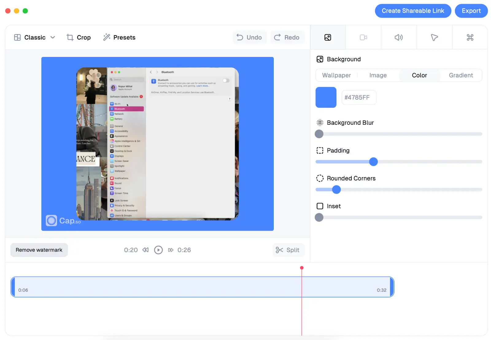 Screenshot of Cap’s video editing interface