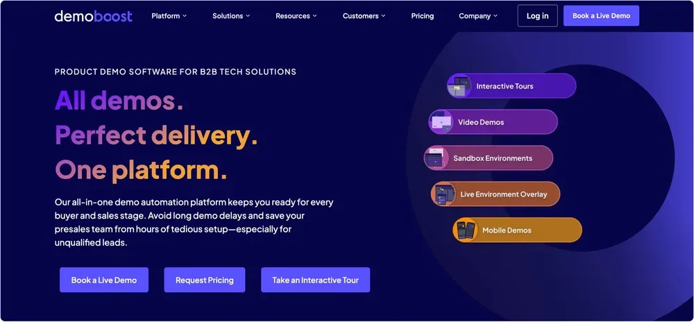 Demoboost homepage showcasing its all-in-one demo platform with options for interactive tours, video demos, and mobile demos.